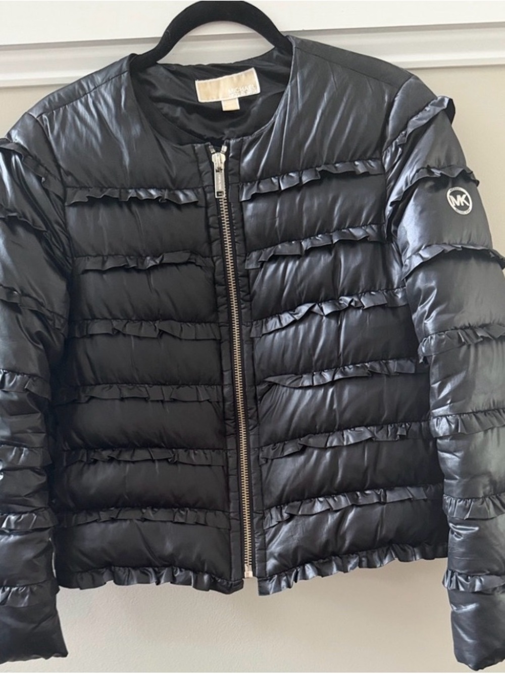 Michael Kors women’s Black Ruffle Trim Quilted down Puffer Jacket